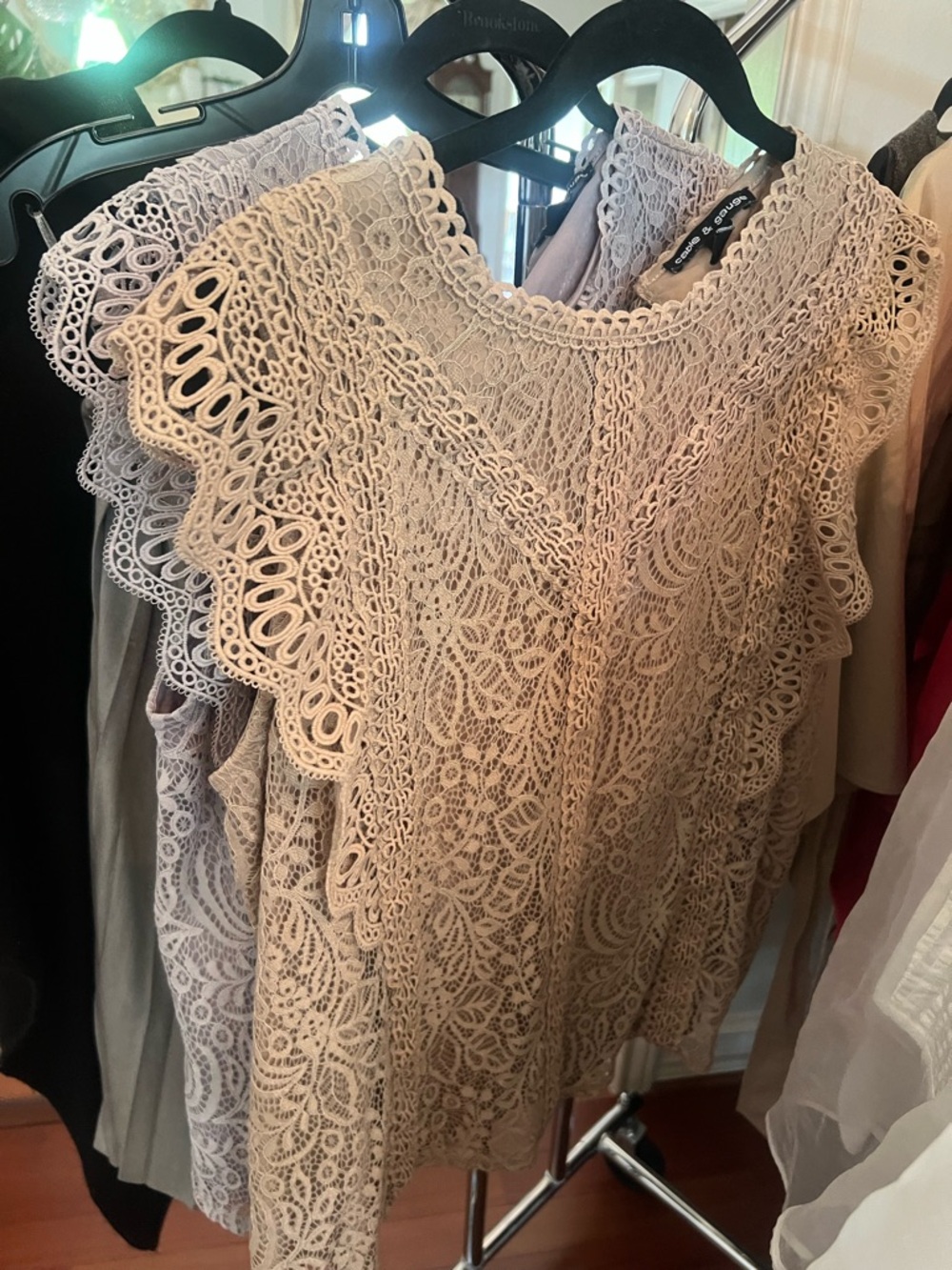 Crochet Lace Flutter Sleeve Top - Beige and light lilac each is 18.00